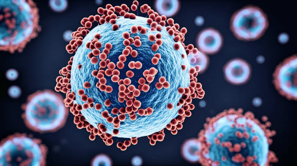 Visualizzazione 3D fotorealistica di nanomateriali sferici (simili a Fmoc-Lys) in una soluzione biologica, circondati da vescicole più piccole (esosomi) che aderiscono alla loro superficie formando una corona biologica. Ambientazione astratta bio-scientifica, illuminazione drammatica controllata che evidenzia le texture, obiettivo macro 90mm, alta definizione, messa a fuoco precisa sulla corona esosomiale.