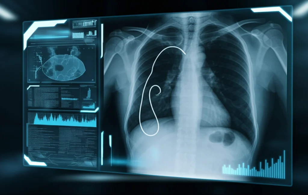 Visualizzazione concettuale high-tech di un'intelligenza artificiale che analizza una radiografia toracica digitale su uno schermo trasparente futuristico. Linee luminose evidenziano con precisione il percorso di un sondino nasogastrico. Illuminazione controllata, alta definizione, obiettivo 50mm.