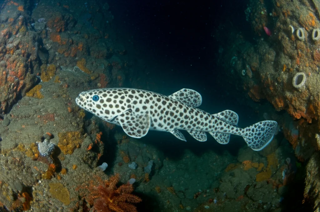 Fotografia subacquea naturalistica di un celacanto (Latimeria menadoensis) che nuota lentamente in un habitat di scogliera profonda (-140m) nelle Molucche del Nord, Indonesia. L'ambiente è caratterizzato da rocce vulcaniche scure ricoperte da spugne colorate e coralli molli. La luce è fioca, proveniente da torce subacquee, creando un'atmosfera misteriosa. Teleobiettivo zoom 150mm, fast shutter speed per catturare il movimento lento ma definito del pesce, messa a fuoco nitida sul celacanto, evidenziando le sue pinne lobate e le macchie bianche uniche. Action or movement tracking.