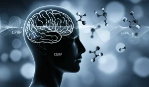 Immagine concettuale che mostra una silhouette di testa umana con onde cerebrali stilizzate e molecole (come suPAR e CGRP) che interagiscono fluttuando intorno ad essa, rappresentando la complessa ricerca sui biomarcatori per l'emicrania e la risposta ai trattamenti, prime lens 50mm, profondità di campo ridotta per sfocare lo sfondo, tonalità blu e grigie duotone per un look scientifico e moderno.