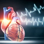 Immagine fotorealistica di un cuore umano stilizzato con onde elettriche visibili che vengono interrotte da un fascio di energia, simboleggiando l'ablazione della tachicardia ventricolare. Focus nitido sul cuore, sfondo astratto e leggermente sfocato. Obiettivo prime 50mm, profondità di campo, illuminazione drammatica.