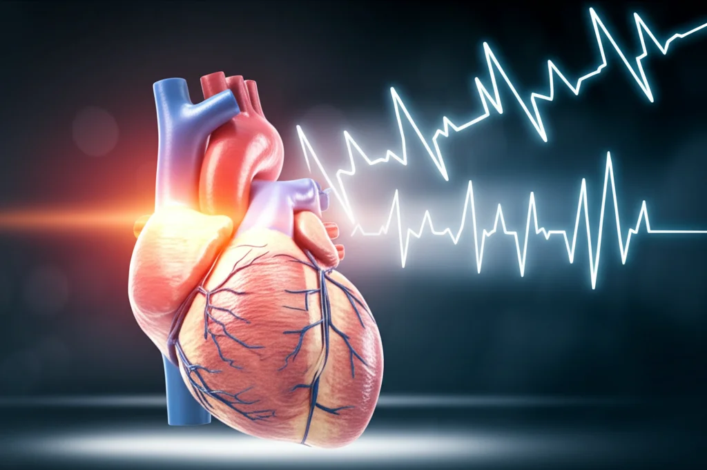 Immagine fotorealistica di un cuore umano stilizzato con onde elettriche visibili che vengono interrotte da un fascio di energia, simboleggiando l'ablazione della tachicardia ventricolare. Focus nitido sul cuore, sfondo astratto e leggermente sfocato. Obiettivo prime 50mm, profondità di campo, illuminazione drammatica.