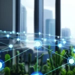 Immagine fotorealistica, obiettivo grandangolare (15mm), che mostra una rete di nodi luminosi interconnessi (rappresentanti dispositivi IoT) sovrapposta a uno sfondo sfumato di ambienti diversi (città, casa, natura), messa a fuoco nitida, concetto di intelligenza distribuita e serverless.