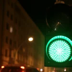 Primo piano notturno di un semaforo a LED verde che proietta luce verso un'auto moderna ferma all'incrocio, i cui fari a LED sono accesi. Scatto dinamico con leggero motion blur sullo sfondo per suggerire il contesto urbano. Obiettivo zoom 24-70mm impostato a 50mm, profondità di campo media, colori vividi dei LED.