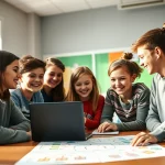 Foto di gruppo di studenti delle scuole medie (12-13 anni) che collaborano sorridenti attorno a un laptop e a delle mappe mentali colorate stese su un tavolo in un'aula luminosa. Luce naturale brillante da una finestra. Obiettivo zoom 24-70mm impostato a 35mm, profondità di campo media per mantenere a fuoco sia gli studenti che i materiali didattici sul tavolo. Atmosfera positiva e collaborativa.