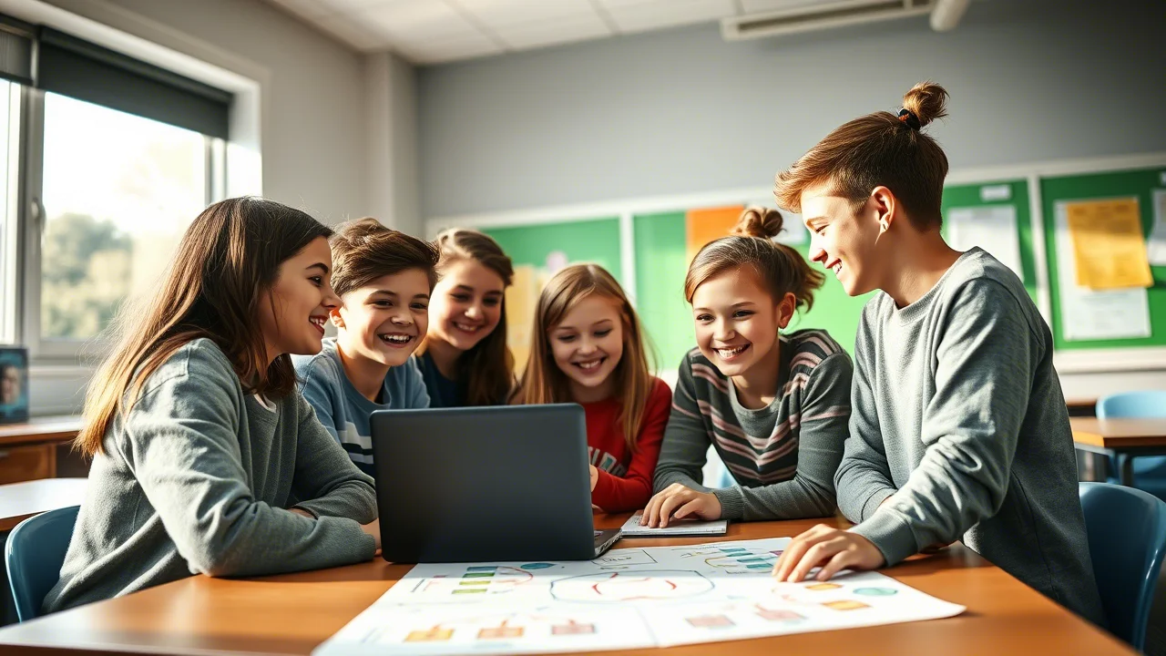 Foto di gruppo di studenti delle scuole medie (12-13 anni) che collaborano sorridenti attorno a un laptop e a delle mappe mentali colorate stese su un tavolo in un'aula luminosa. Luce naturale brillante da una finestra. Obiettivo zoom 24-70mm impostato a 35mm, profondità di campo media per mantenere a fuoco sia gli studenti che i materiali didattici sul tavolo. Atmosfera positiva e collaborativa.
