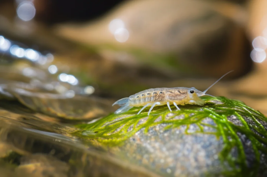 Fotografia macro, lente 100mm, di un invertebrato bentonico (es. Gammarus pulex, un piccolo crostaceo anfipode) su un sasso ricoperto di alghe sottili e sommerso in un ruscello urbano restaurato. L'acqua è limpida e scorre dolcemente, creando leggere sfocature di movimento. Lo sfondo è costituito da altri sassi e vegetazione acquatica sfocata. Alta definizione, messa a fuoco precisa sull'animale, illuminazione naturale laterale che ne esalta la forma e la texture.