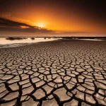 Fotografia paesaggistica grandangolare (15mm) di una vasta zona umida parzialmente prosciugata (Shadegan, Iran) al tramonto, con il letto secco e screpolato in primo piano che si trasforma in acqua residua e vegetazione rada sullo sfondo, nuvole di polvere sottili e arancioni all'orizzonte illuminate dal sole calante, lunga esposizione per acqua liscia, messa a fuoco nitida, colori caldi e drammatici, evocando siccità e impatto ambientale.