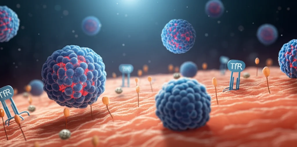 Illustrazione 3D fotorealistica di nanoparticelle ibride (Tf-hEVs-Ber/Pal) che attraversano la barriera emato-encefalica (BBB) stilizzata, con recettori Transferrina (TfR) evidenziati. Le nanoparticelle si dirigono verso cellule microgliali nel tessuto cerebrale sottostante. Illuminazione drammatica, profondità di campo, stile cinematografico, prime lens 35mm.