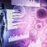 Immagine concettuale che mostra una silhouette femminile stilizzata sovrapposta a una micrografia digitale di tessuto ovarico con follicoli visibili e a grafici astratti di dati sanguigni, illuminazione soffusa e futuristica, profondità di campo ridotta, colori duotone blu e rosa per simboleggiare la biologia femminile e la tecnologia medica.