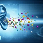 Immagine concettuale scientifica che mostra un orecchio umano stilizzato da cui emanano molecole volatili colorate (VOMs) che vengono catturate e analizzate da uno spettrometro di massa astratto, simboleggiando il test del Cerumenogramma per la diagnosi precoce del cancro e del precancro, sfondo tecnologico bluastro con grafici e dati sfocati.