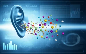 Immagine concettuale scientifica che mostra un orecchio umano stilizzato da cui emanano molecole volatili colorate (VOMs) che vengono catturate e analizzate da uno spettrometro di massa astratto, simboleggiando il test del Cerumenogramma per la diagnosi precoce del cancro e del precancro, sfondo tecnologico bluastro con grafici e dati sfocati.