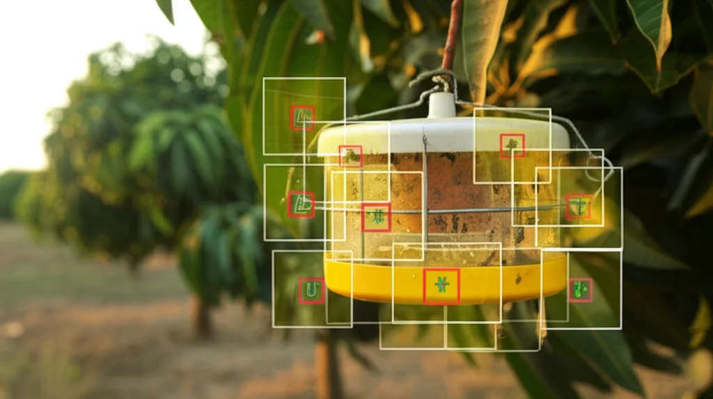 Immagine fotorealistica di una smart trap per insetti posizionata in un frutteto di mango, con un overlay grafico che mostra riquadri di rilevamento AI (Yolo-pest) attorno a mosche della frutta catturate. Obiettivo macro 85mm, alta definizione, luce del tardo pomeriggio controllata, messa a fuoco precisa sulla trappola e sugli insetti visibili all'interno.