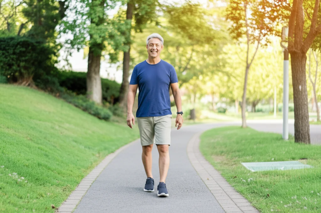 Lente principale, ritratto da 35 mm, profondità di campo, che mostra una persona attiva di mezza età (circa 45-50 anni) sorridendo e camminando comodamente su un percorso del parco, simboleggiando il successo di recupero, sollievo dal dolore e conservazione delle articolazioni dopo una osteotomia tibiale ad alta chiusura laterale (CWHTO) per l'osteoartrite del ginocchio. Illuminazione naturale all'aperto, concentrarsi sull'espressione e sulla mobilità positive della persona.