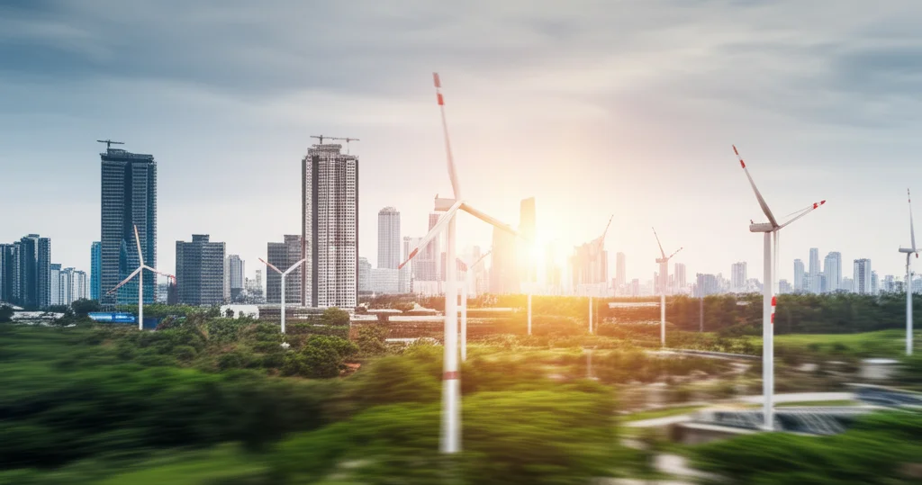 Paesaggio da 15 mm ad angolo largo che mostra un futuristico paesaggio urbano integrato senza soluzione di continuità con spazi verdi lussureggianti e fonti di energia rinnovabile come le turbine eoliche, che simboleggiano l'armonia tra trasformazione digitale e prestazioni aziendali sostenibili, focus forte, lunga esposizione per nuvole lisce.