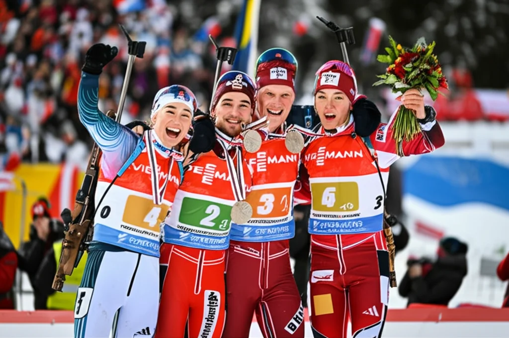 Podio di una gara di staffetta di biathlon, atleti uomini e donne insieme che festeggiano con le medaglie, teleobiettivo 135mm, profondità di campo ridotta per isolare gli atleti felici dallo sfondo sfocato della folla e delle bandiere, luce naturale invernale.