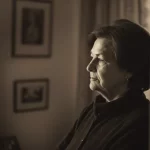Ritratto fotografico di una donna matura, sguardo riflessivo ma speranzoso rivolto verso una finestra da cui entra una luce naturale soffusa. Lente prime 50mm, profondità di campo che sfoca leggermente l'interno della stanza, toni duotone seppia e grigio per un'atmosfera intima e profonda, simboleggia la riflessione sull'esperienza del trattamento.