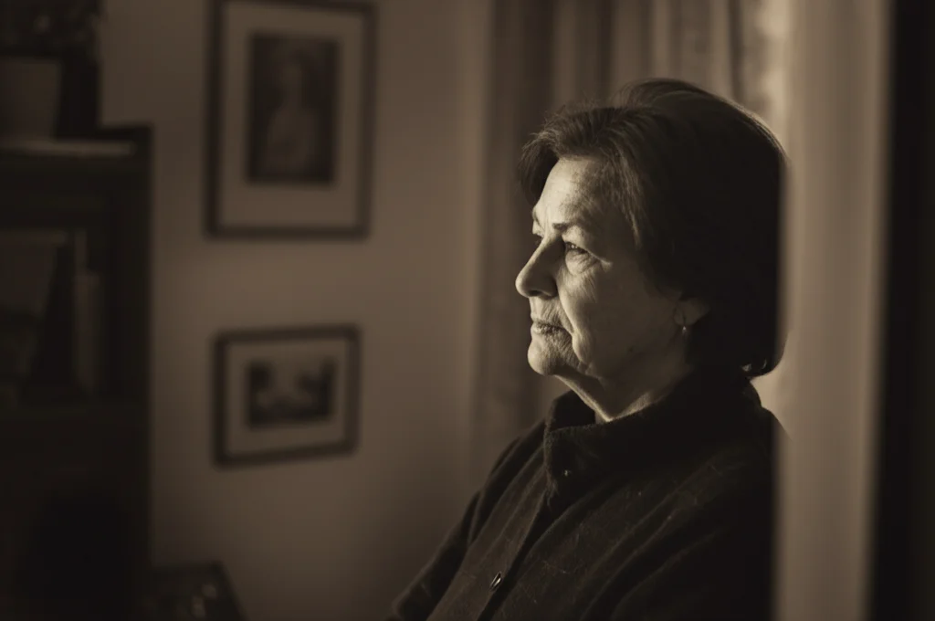 Ritratto fotografico di una donna matura, sguardo riflessivo ma speranzoso rivolto verso una finestra da cui entra una luce naturale soffusa. Lente prime 50mm, profondità di campo che sfoca leggermente l'interno della stanza, toni duotone seppia e grigio per un'atmosfera intima e profonda, simboleggia la riflessione sull'esperienza del trattamento.