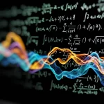 Visualizzazione artistica di equazioni differenziali parziali scritte su una lavagna trasparente che si trasformano gradualmente in strutture geometriche fluide e luminose simili a onde d'acqua colorate su uno sfondo scuro e cosmico, obiettivo grandangolare 20mm, lunga esposizione per creare scie luminose e un senso di movimento dinamico.