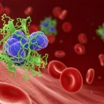 Visualizzazione artistica di molecole proteiche e metaboliche nel flusso sanguigno con un focus su percorsi cellulari legati al ferro, stile macrofotografia 100mm, illuminazione controllata, alta definizione.