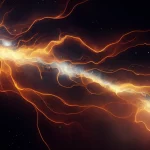 Visualizzazione artistica di un fluido viscoso relativistico (con colori caldi e strutture filamentose) che interagisce con il vuoto spaziale (scuro e stellato) lungo un confine dinamico e luminoso. Stile astrofotografia, obiettivo grandangolare 15mm, lunga esposizione per scie luminose, alta definizione.