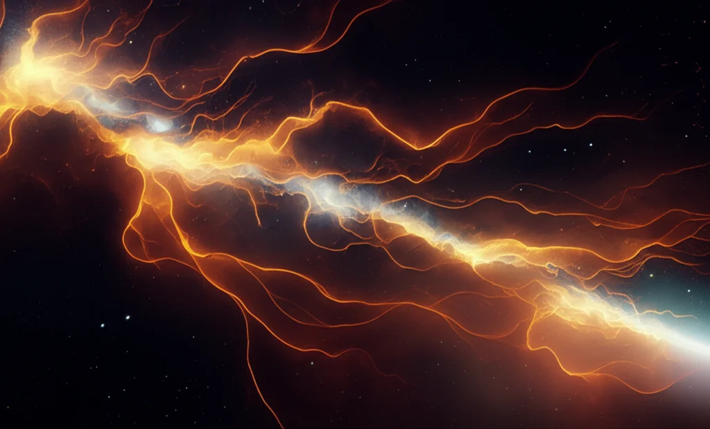 Visualizzazione artistica di un fluido viscoso relativistico (con colori caldi e strutture filamentose) che interagisce con il vuoto spaziale (scuro e stellato) lungo un confine dinamico e luminoso. Stile astrofotografia, obiettivo grandangolare 15mm, lunga esposizione per scie luminose, alta definizione.