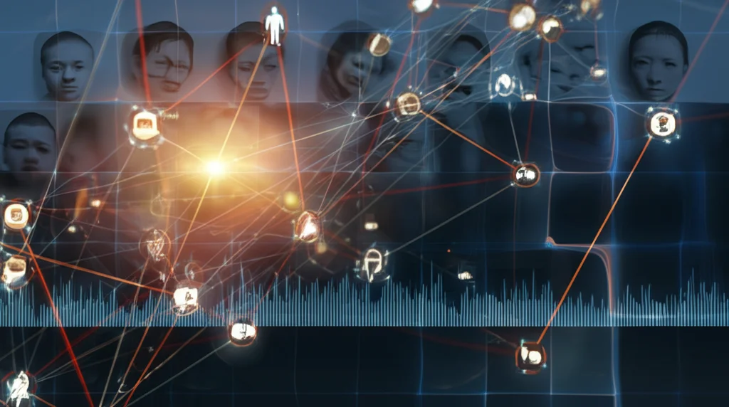 Visualizzazione astratta di un modello grafico complesso con nodi luminosi che rappresentano fattori di benessere (felicità, salute, cibo, finanze) collegati da linee colorate, su uno sfondo sfocato che suggerisce dati scientifici e volti giapponesi diversi. Stile fotorealistico, illuminazione controllata high detail, prime lens 35mm, depth of field.