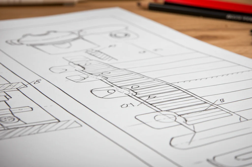 Primo piano di diversi schizzi tecnici di una macchina da caffè su un tavolo da disegno, con livelli di dettaglio crescenti da sinistra a destra. Obiettivo macro 100mm, alta definizione, illuminazione da studio controllata per enfatizzare le linee e le texture della carta.