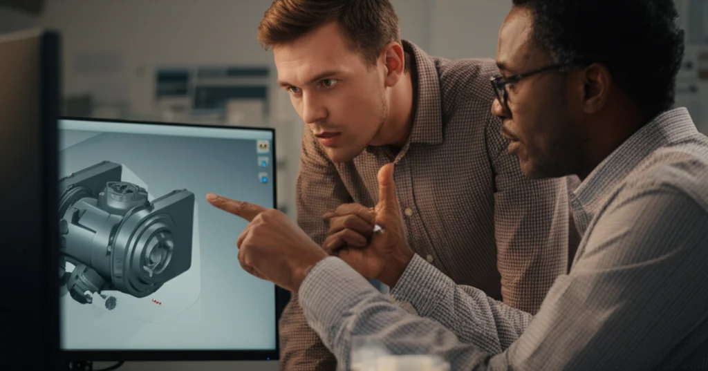 Due ingegneri, uno più giovane (novizio) e uno più esperto (avanzato), discutono animatamente davanti a uno schermo che mostra rendering CAD di un prodotto. Obiettivo prime 35mm, stile documentaristico, luce ambientale da ufficio, profondità di campo ridotta per focalizzare sui volti concentrati.