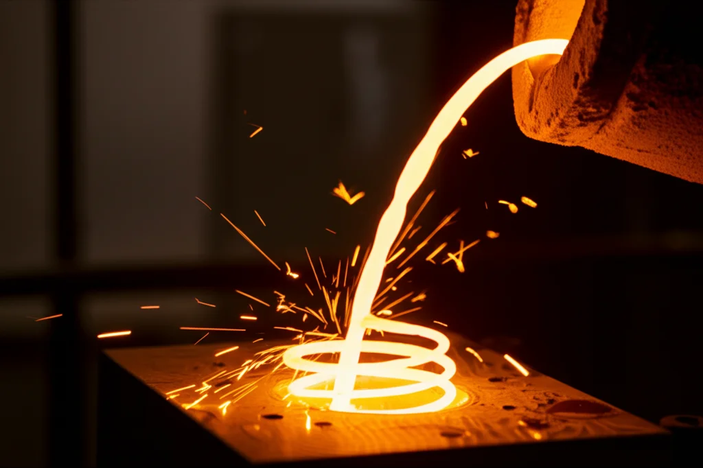 Metallo fuso di alluminio A356+Nb che viene versato con precisione da un crogiolo incandescente in uno stampo metallico a spirale per test di fluidità, macro lens 100mm, high detail, controlled lighting, scintille luminose