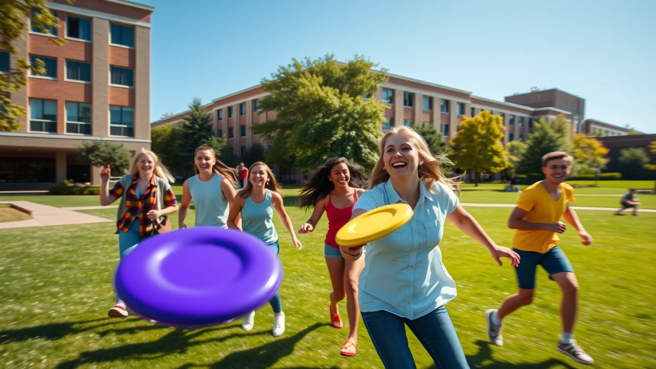 Fotografia dinamica di un gruppo di studenti universitari che giocano a frisbee su un prato verde del campus in una giornata di sole. Teleobiettivo 100mm, velocità dell'otturatore elevata per catturare il movimento, colori vivaci, espressioni gioiose, tracciamento del movimento.