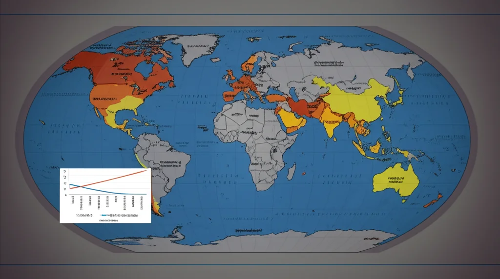 Mappamondo stilizzato con aree illuminate in modo differenziato per indicare la diversa prevalenza del Parkinson nelle varie regioni del mondo, accanto a un grafico a barre che mostra la correlazione positiva tra indice SDI e carico della malattia. Illuminazione drammatica, obiettivo grandangolare 24mm, messa a fuoco nitida.