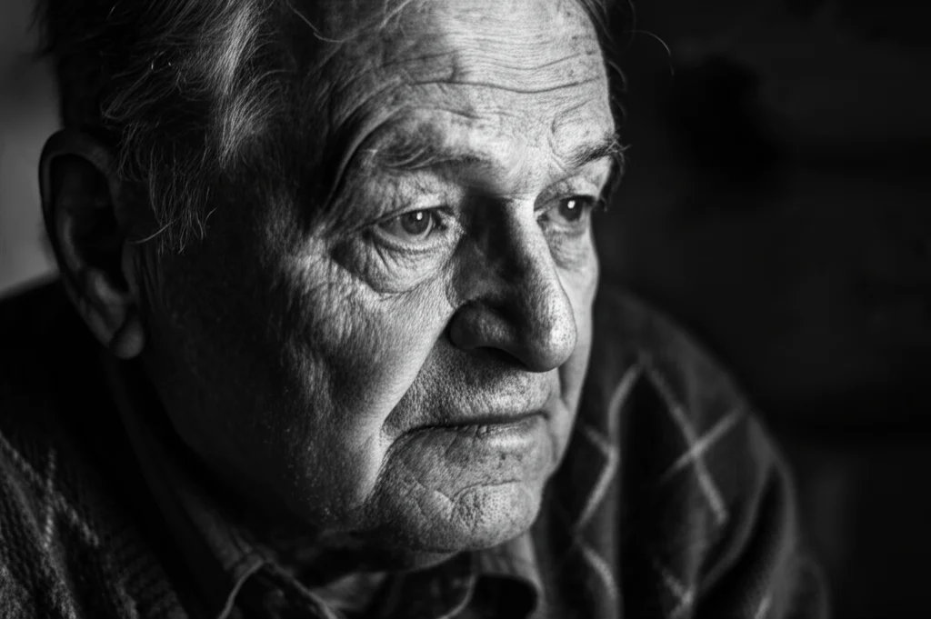 Ritratto intenso e ravvicinato di una persona molto anziana (oltre 90 anni) con segni lievi di Parkinson, che guarda con espressione pensierosa. Illuminazione laterale morbida che accentua le rughe, bianco e nero, obiettivo prime 50mm, profondità di campo ridotta per isolare il volto.