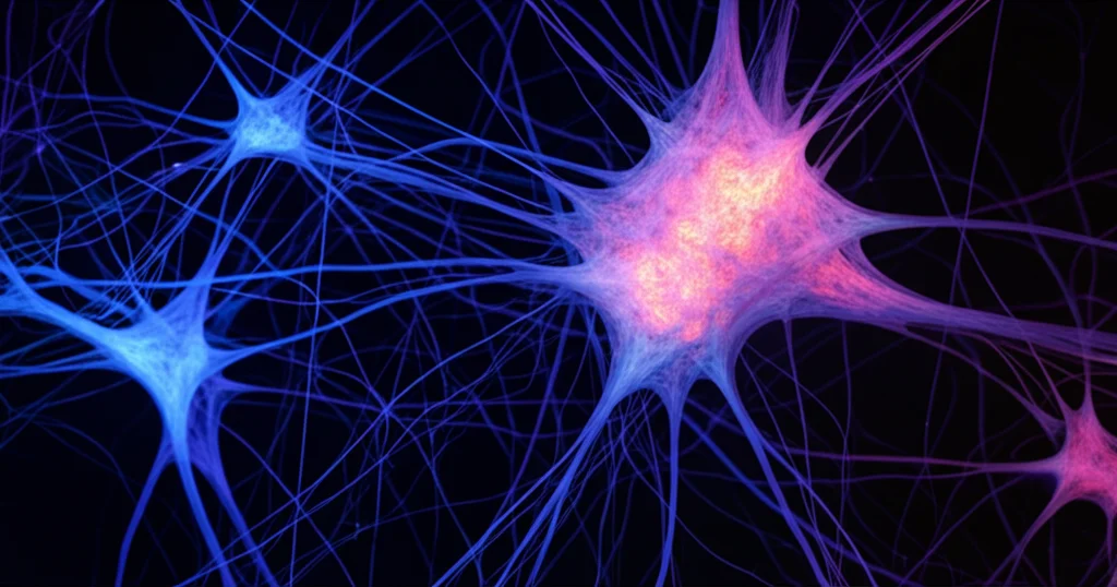 Immagine simbolica di una rete neurale luminosa e complessa che si sta lentamente degradando in alcune aree, rappresentando la neurodegenerazione nel Parkinson. Sfondo scuro, dettagli elevati, obiettivo macro 100mm, illuminazione controllata per enfatizzare i dettagli.