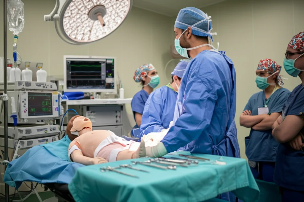 Fotografia di una simulazione medica in situ in una sala operatoria pediatrica. Un manichino pediatrico sul lettino operatorio, un team medico (infermieri, medici) interagisce con attrezzature mediche e uno schermo EHR visibile. Obiettivo zoom 24-70mm, luce ambientale della sala operatoria, focus sull'interazione tra team e tecnologia.