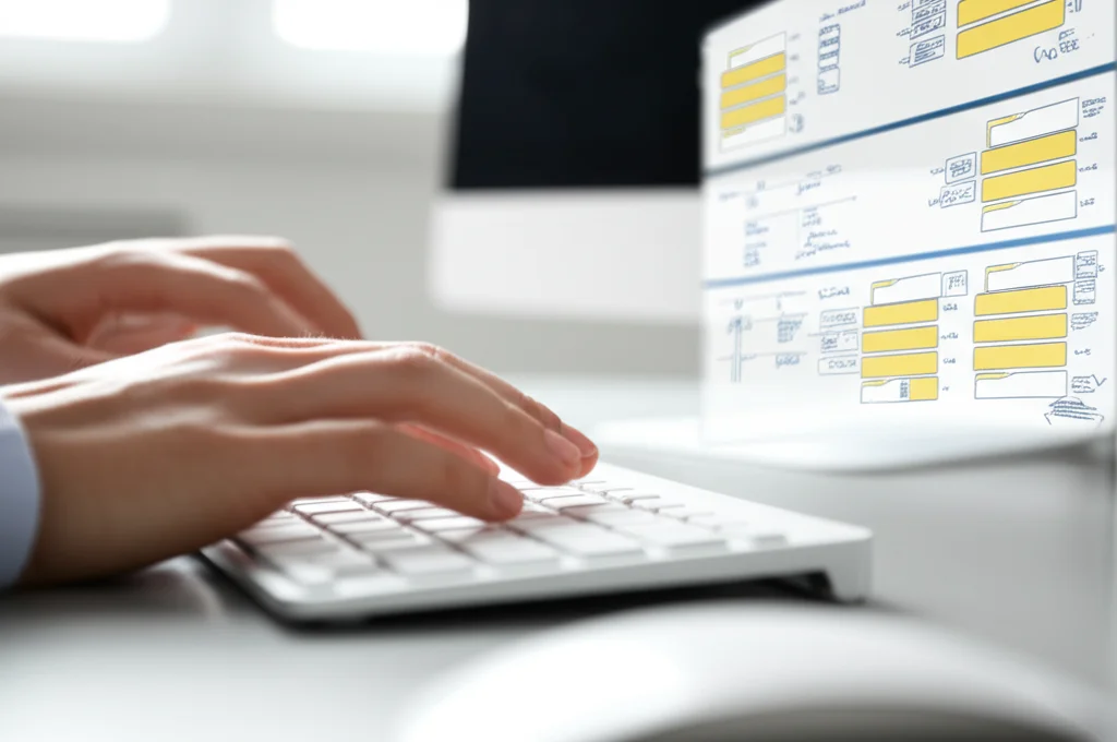 Macro fotografia di mani che digitano velocemente su una tastiera, con uno schermo di computer in primo piano che mostra un'interfaccia utente pulita e intuitiva di una cartella clinica elettronica. Obiettivo macro 100mm, alta definizione, focus preciso sulle dita e sullo schermo, illuminazione controllata.