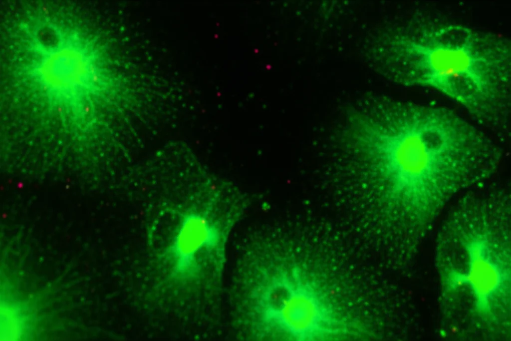 Macro fotografia di neuroni fluorescenti verdi all'interno di una struttura gangliare, simulando i risultati dell'imaging del calcio, con dettagli elevati, messa a fuoco precisa e illuminazione controllata, obiettivo macro da 100 mm.