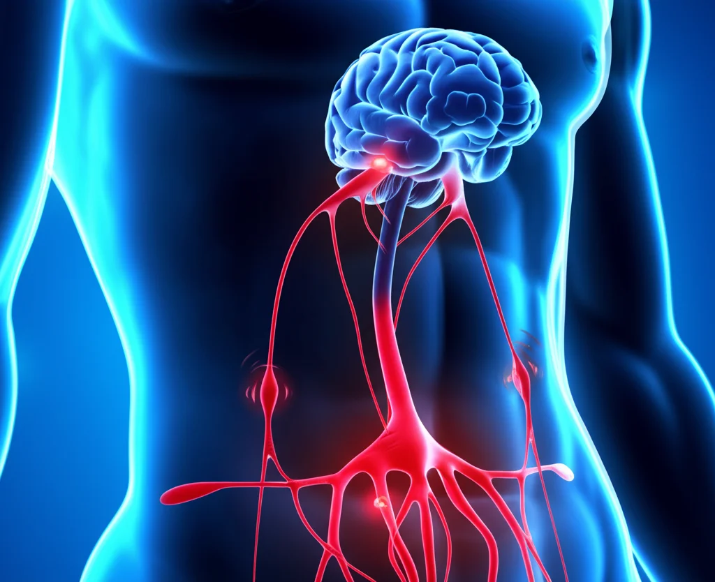 Immagine fotorealistica che mostra una vista stilizzata del nervo vago che collega una sezione dell'intestino infiammato all'area del tronco encefalico, utilizzando duotoni blu e rossi per rappresentare i segnali neurali rispetto a quelli infiammatori, obiettivo prime da 35 mm, profondità di campo.