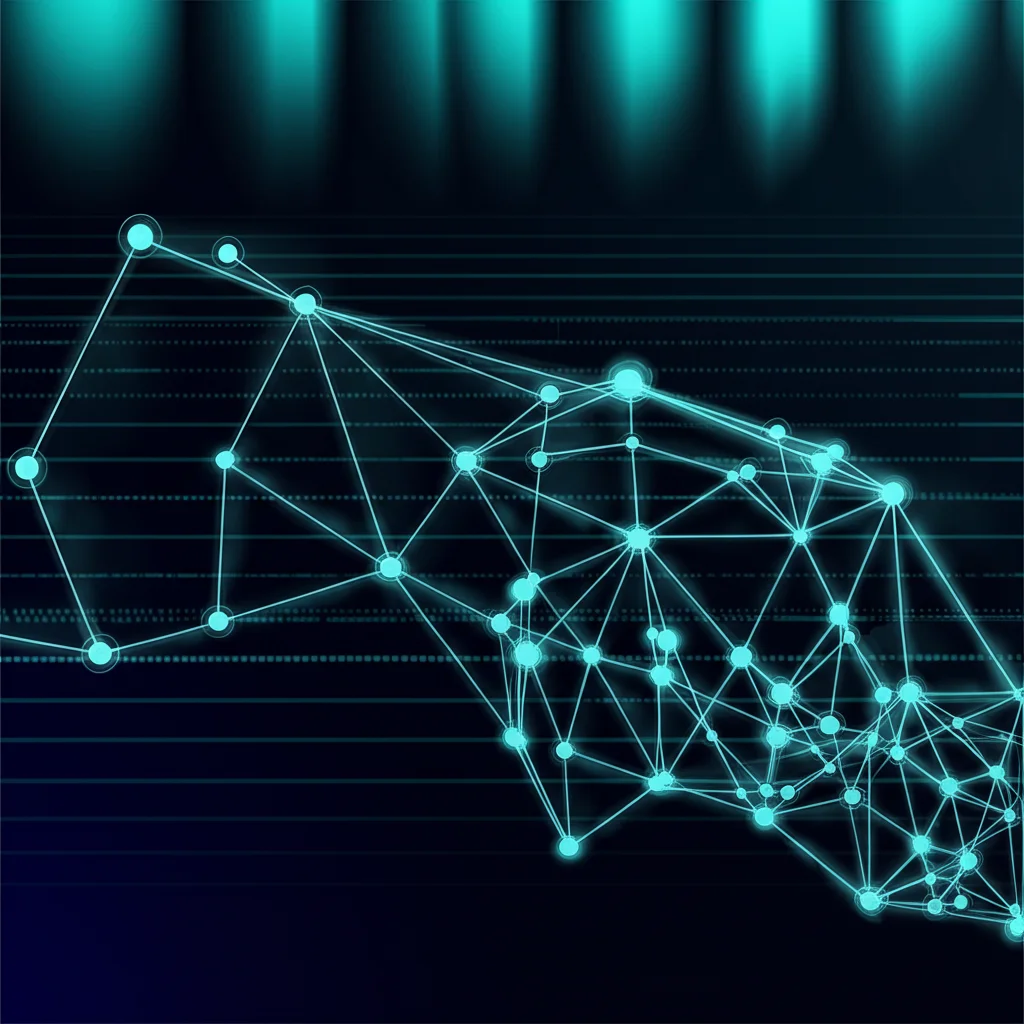 Grafico astratto generato da machine learning che mostra la correlazione tra l'indice CMI e il rischio di declino della funzione renale, visualizzato come una rete neurale stilizzata con nodi luminosi che rappresentano i dati dei pazienti, sfondo scuro, alta tecnologia.