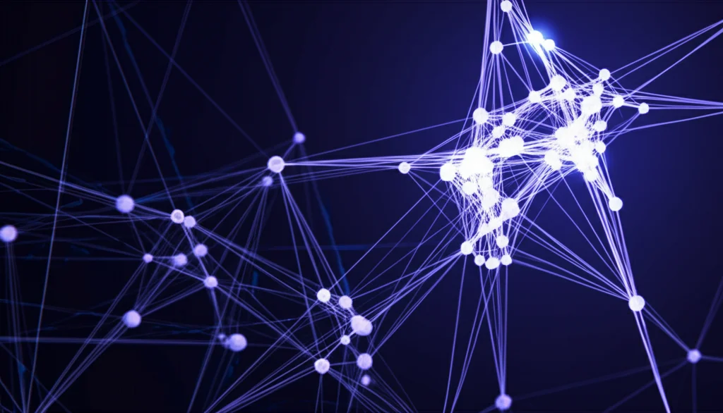 Visualizzazione astratta di una rete neurale LSTM con nodi luminosi e connessioni fluide, che elabora dati sequenziali. Sfondo scuro, colori blu e viola brillanti, stile high-tech.