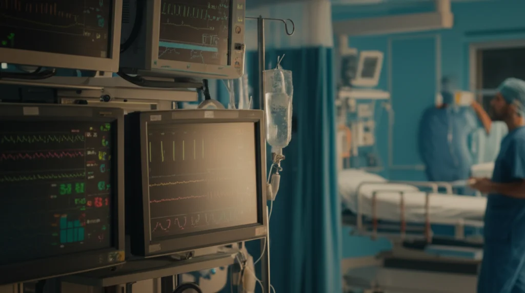 Vista interna di un'unità di terapia intensiva moderna e luminosa, con monitor paziente che mostrano grafici vitali in primo piano, personale medico sfocato sullo sfondo. Obiettivo 35mm, profondità di campo per mettere a fuoco i monitor, atmosfera high-tech ma umana.