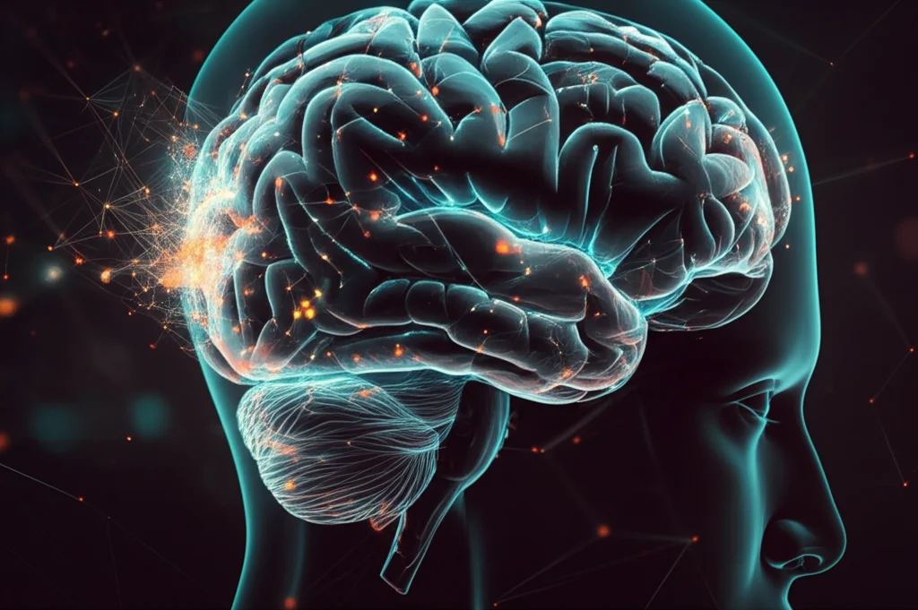 Visualizzazione astratta di un cervello stilizzato con connessioni neurali luminose che rappresentano l'analisi dei dati AI, sfondo scuro. Obiettivo macro 100mm, high detail sulle connessioni, illuminazione controllata per enfatizzare la tecnologia.