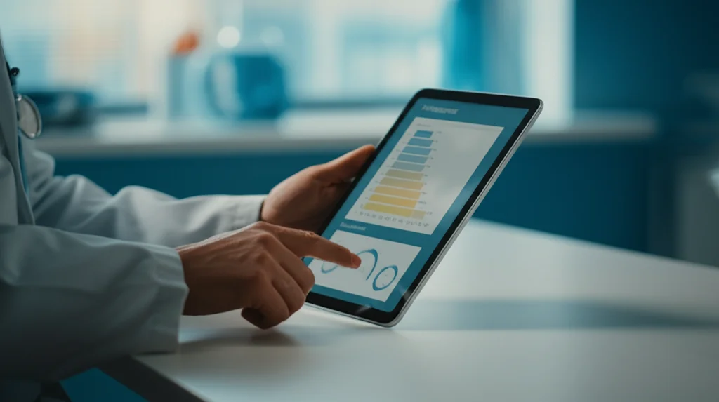 Primo piano delle mani di un medico che utilizzano un tablet visualizzando un nomogramma digitale interattivo per la valutazione del rischio clinico. Luce morbida da finestra laterale, obiettivo 50mm prime, profondità di campo ridotta per isolare le mani e il tablet, ambiente clinico professionale.