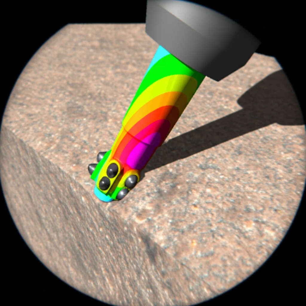 Simulazione 3D agli elementi finiti che mostra uno scalpello PDC a 5 lame mentre perfora un blocco di arenaria. I colori indicano le zone di stress sulla roccia. Lente virtuale con focale media, illuminazione tecnica.