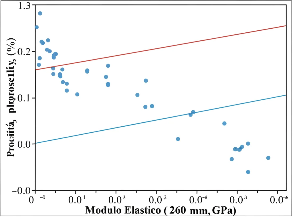 Grafico scientifico che mostra la relazione tra porosità (asse Y, in percentuale) e modulo elastico (asse X, in GPa) per arenarie compatte. I punti rappresentano dati reali da log, la linea mostra la tendenza esponenziale decrescente. Stile pulito, alta leggibilità.