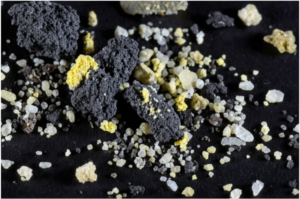 Fotografia macro di frammenti di cenere vulcanica su una superficie scura, obiettivo macro 90mm, alta definizione, messa a fuoco precisa su particelle idrotermali giallastre e biancastre mescolate a frammenti vetrosi scuri (giovanili), illuminazione controllata da studio per evidenziare le diverse texture.