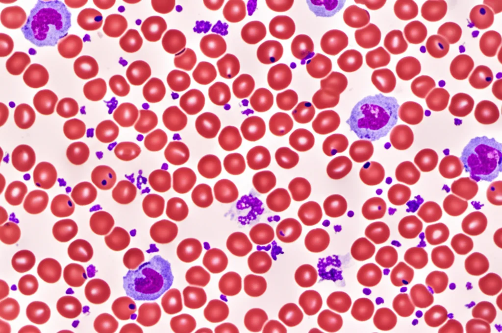 Fotografia macro ad alta definizione di un campione di sangue al microscopio, obiettivo 90mm, illuminazione controllata, con focus nitido su diversi tipi di globuli bianchi (neutrofili, linfociti) tra globuli rossi, evidenziando la complessità del rilevamento.