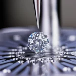 Fotografia macro di una cella a incudine di diamante sotto pressione, con un minuscolo campione H3S visibile tra le punte scintillanti dei diamanti. Illuminazione controllata, alta definizione, lunghezza focale 100mm, che enfatizza la pressione estrema e la tecnologia avanzata della ricerca sulla superconduttività ad alta temperatura.