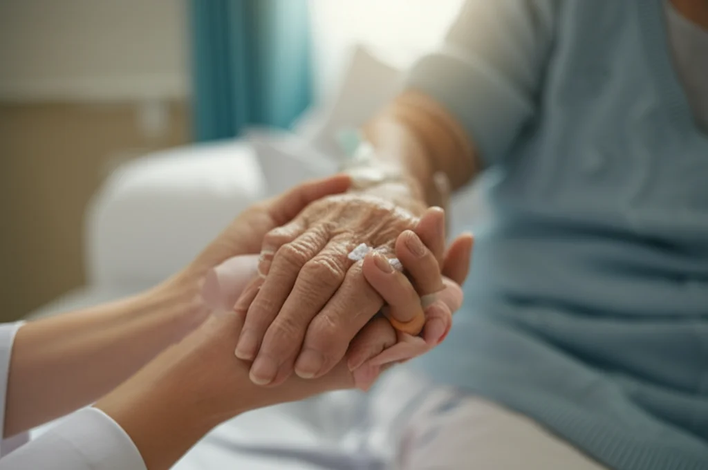 Fotografia simbolica: una mano anziana e fragile tenuta con cura da una mano più giovane con guanto medico in un ambiente ospedaliero luminoso ma intimo, prime lens 35mm, depth of field, toni caldi, rappresenta la compassione e il supporto nelle cure palliative generali.