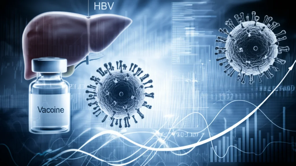 Immagine concettuale fotorealistica: un modello stilizzato del virus dell'epatite B (HBV) con dettagli microscopici, sovrapposto a grafici matematici astratti e sinuosi che simboleggiano la modellazione frazionaria e la 'memoria' del sistema. Sullo sfondo, una rappresentazione sfocata di un fegato umano e un flaconcino di vaccino. Obiettivo prime 35mm, profondità di campo accentuata, illuminazione drammatica con toni blu e ambra (duotone).